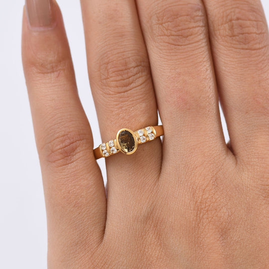 D'Joy AA Natürlicher goldener Tansanit, Weißer Zirkon Ring 925 Silber 750 Gelb Vergoldet (Größe 17.00) ca. 0.79 ct