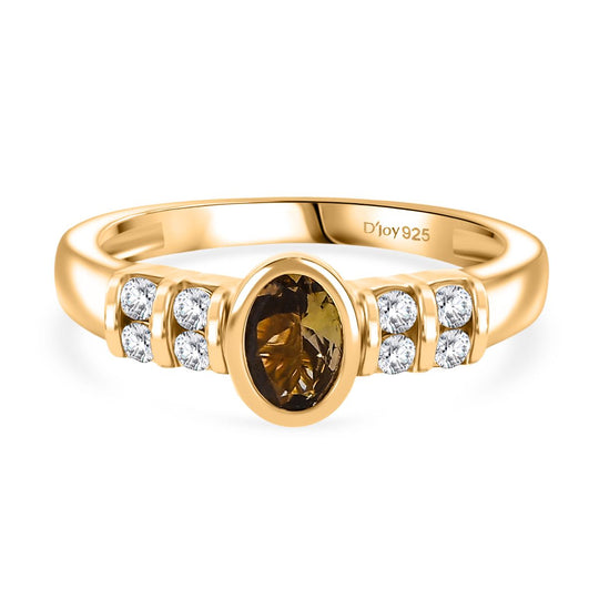 D'Joy AA Natürlicher goldener Tansanit, Weißer Zirkon Ring 925 Silber 750 Gelb Vergoldet (Größe 17.00) ca. 0.79 ct