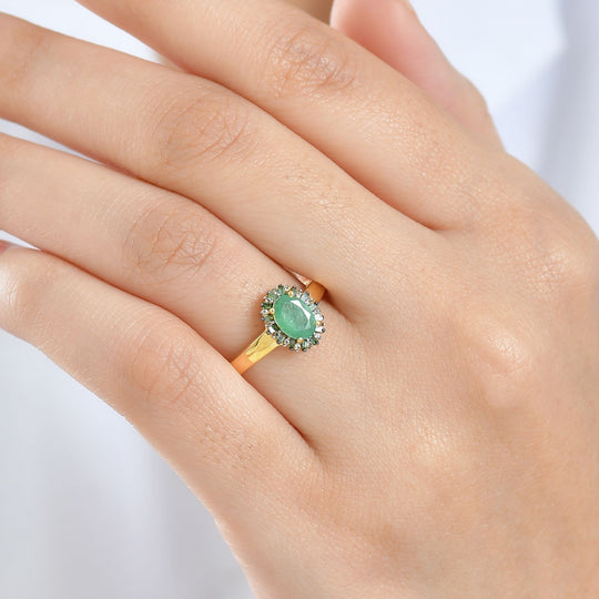 D'Joy Kagem Sambischer Smaragd, Weißer Zirkon Ring 925 Silber 750 Gelbgold Vermeil (Größe 21.00) ca. 0,91 ct