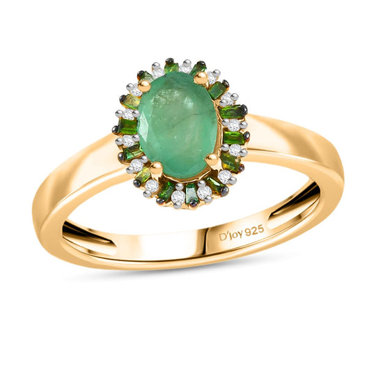D'Joy Kagem Sambischer Smaragd, Weißer Zirkon Ring 925 Silber 750 Gelbgold Vermeil (Größe 21.00) ca. 0,91 ct