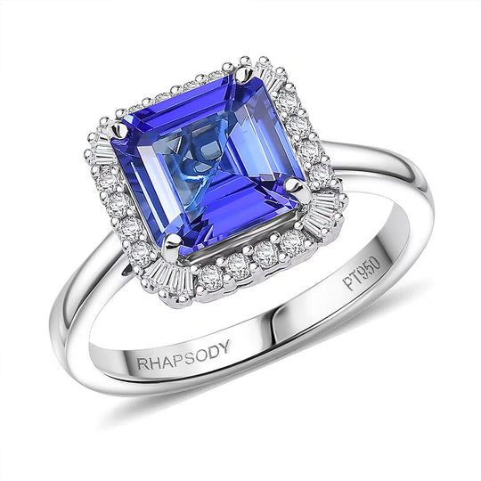 Rhapsody AAAA Tansanit, Weißer Diamant AGI zertifiziert Ring 950 Platin (Größe 18.00) ca. 6.22 ct