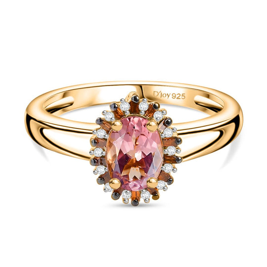 D'Joy Blush Turmalin, Weißer Zirkon Ring 925 Silber 750 Gelbgold Vermeil (Größe 20.00) ca. 1,01 ct