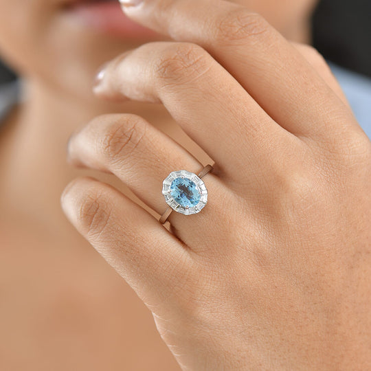 LUXURIANT - AAA Santamaria Aquamarin, Lab Grown Diamant Ring, AGI zertifiziert und geprüft, 417 Weißgold (Größe 18.00) ca. 1.93 ct