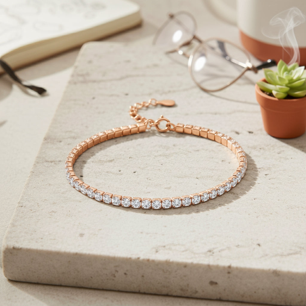 LUSTRO STELLA - Weißer Zirkonia Armband ca. 15.25 cm mit 5 cm extender, 925 Silber rosévergoldet