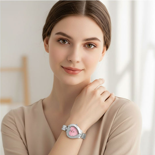 GENOA TIME - Herz-Armbanduhr Legierung, nickelfreies Messing, silberfarben, mit weißen Kristallen, Zifferblatt Rosa-Sunshine, 3 ATM wasserdicht