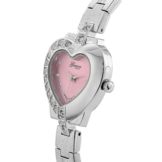 GENOA TIME - Herz-Armbanduhr Legierung, nickelfreies Messing, silberfarben, mit weißen Kristallen, Zifferblatt Rosa-Sunshine, 3 ATM wasserdicht