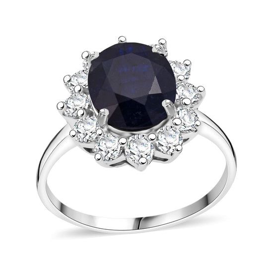 D'Joy Masoala Saphir (Fissure gefüllt), Weißer Zirkon Ring 925 Silber rhodiniert (Größe 19.00) ca. 6,46 ct