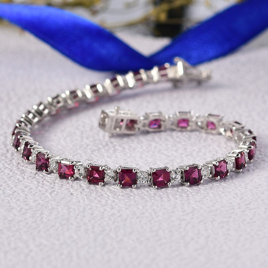D'Joy Natürlicher Rhodolith Granat, Weißer Zirkon Armband ca. 19 cm 925 Silber rhodiniert ca. 14.43 ct