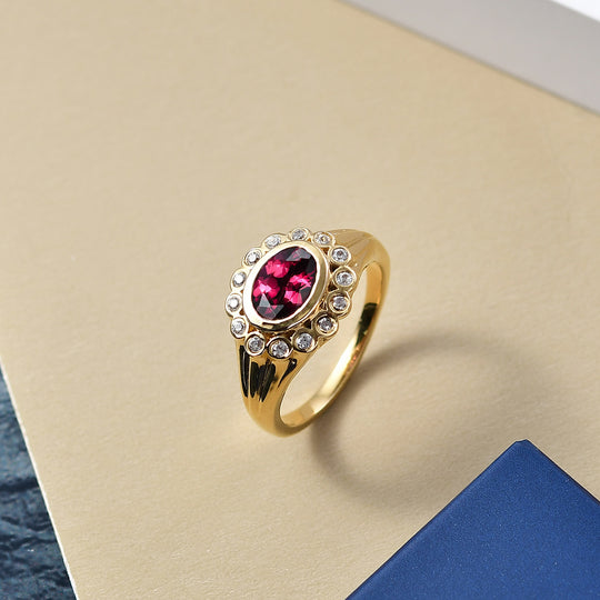 D'Joy Aura der Kaiserin Natürlicher Rhodolith Granat, Weißer Zirkon Ring 925 Silber vergoldet (Größe 21.00) ca. 1.90 ct