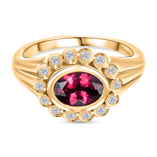 D'Joy Aura der Kaiserin Natürlicher Rhodolith Granat, Weißer Zirkon Ring 925 Silber vergoldet (Größe 21.00) ca. 1.90 ct