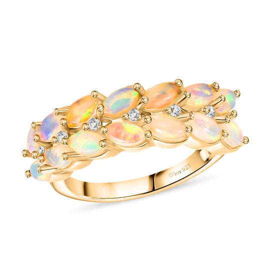 D'Joy AA Natürlicher, äthiopischer Welo Opal, Weißer Zirkon Ring 925 Silber 750 Gelbgold Vermeil (Größe 21.00) ca. 1,53 ct