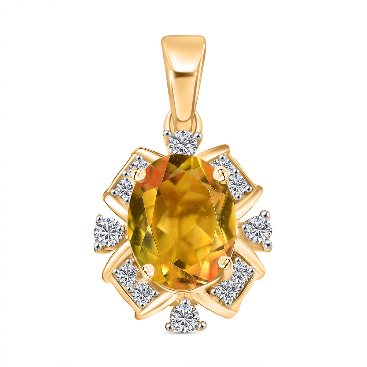 D'Joy Sphaleros Quarz, Weißer Zirkon Anhänger 925 Silber 750 Gelb Vergoldet ca. 3.46 ct