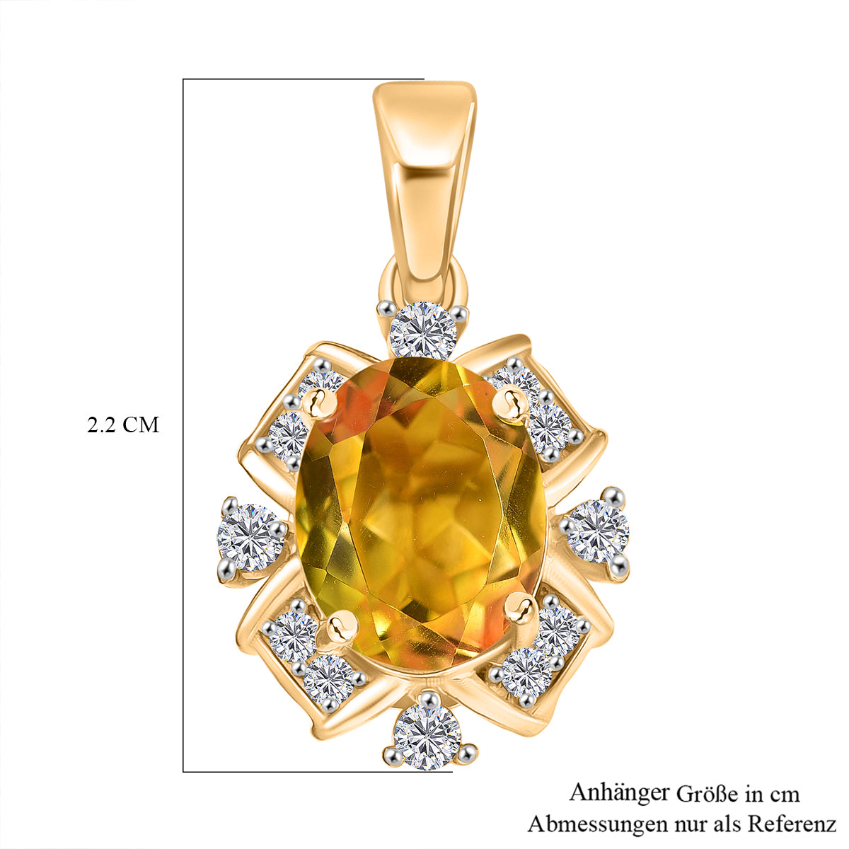 D'Joy Sphaleros Quarz, Weißer Zirkon Anhänger 925 Silber 750 Gelb Vergoldet ca. 3.46 ct