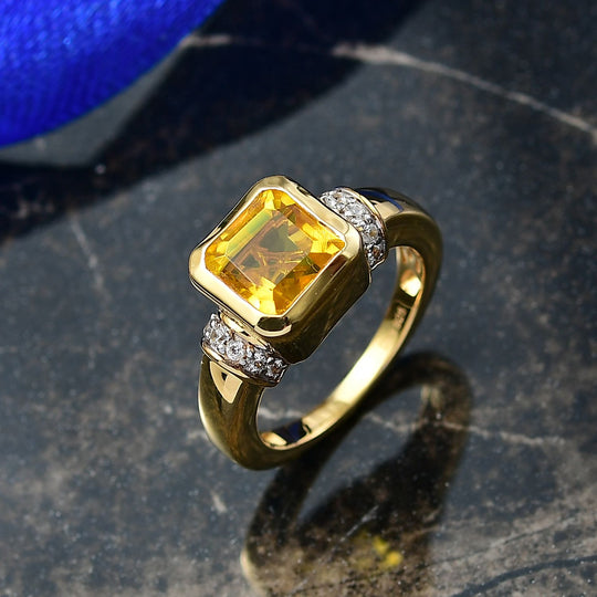 D'Joy - Feuerrahmen-Design Sphaleros Quarz-Triplette, Weißer Zirkon Ring 925 Silber 750 Gelb vergoldet (Größe 20.00) ca. 3.15 ct