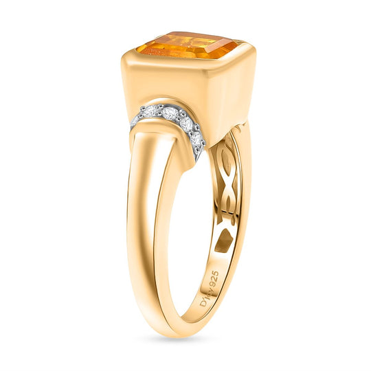 D'Joy - Feuerrahmen-Design Sphaleros Quarz-Triplette, Weißer Zirkon Ring 925 Silber 750 Gelb vergoldet (Größe 20.00) ca. 3.15 ct
