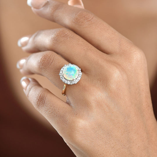 Luxuriant - AAA Natürlicher, äthiopischer Welo Opal, Lab Grown Diamant SI-GH Ring, AGI zertifiziert und geprüft, 417 Gelbgold (Größe 17.00) ca. 2.69 ct