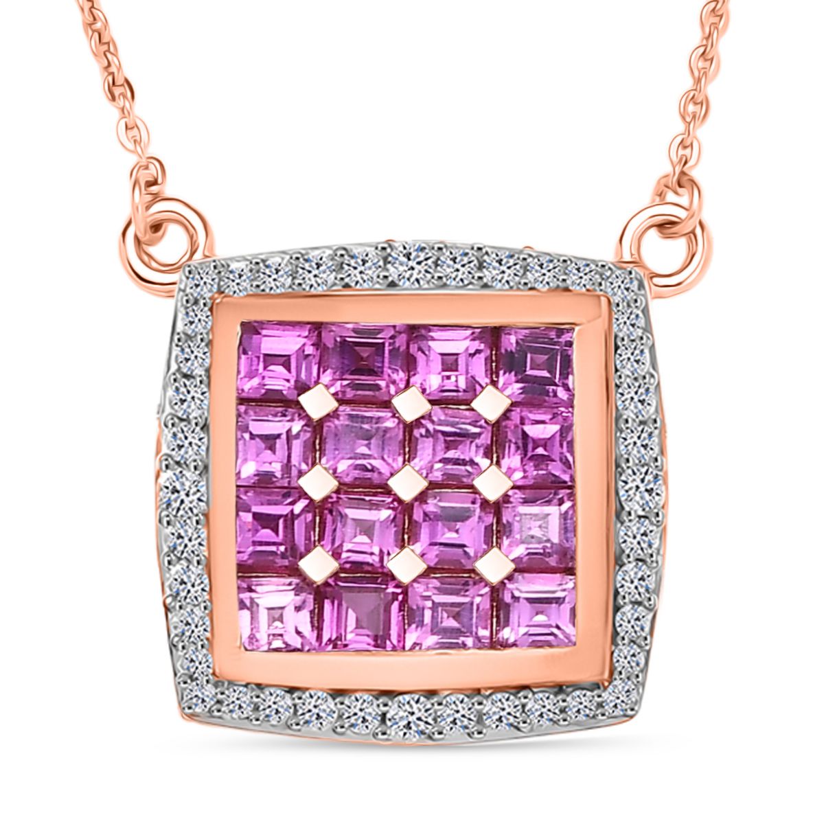 AA Lab Grown Rosa Saphir, Weißer Zirkon Halskette ca. 50 cm 925 Silber 750 Roségold Vermeil ca. 2.59 ct
