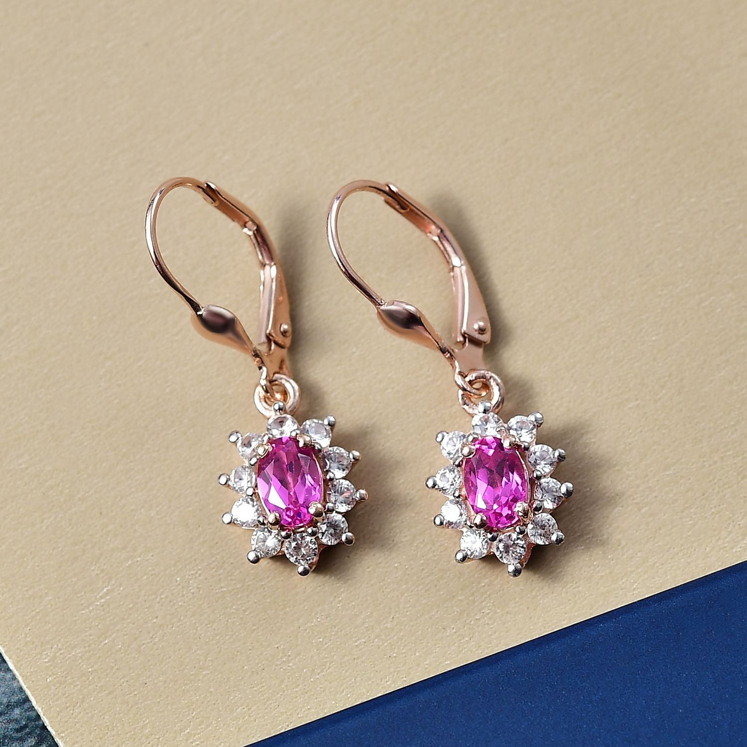 AAA Lab Grown Rosa Saphir, Weißer Zirkon Ohrringe 925 Silber 750 rosévergoldet ca. 2.17 ct