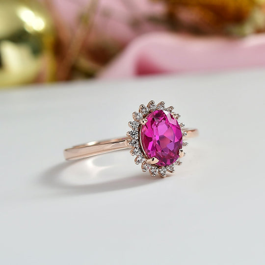 AAA Lab Grown Rosa Saphir, Weißer Zirkon Ring 925 Silber 750 rosévergoldet (Größe 21.00) ca. 1.89 ct