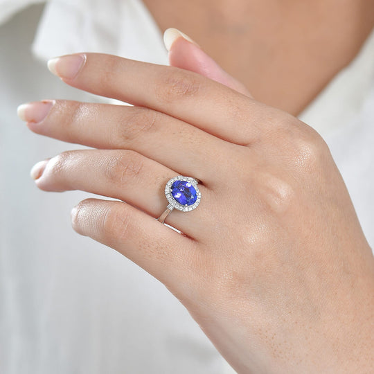 Rhapsody AAAA Tansanit, Weißer Diamant AGI zertifiziert Ring 950 Platin (Größe 19.00) ca. 2.97 ct