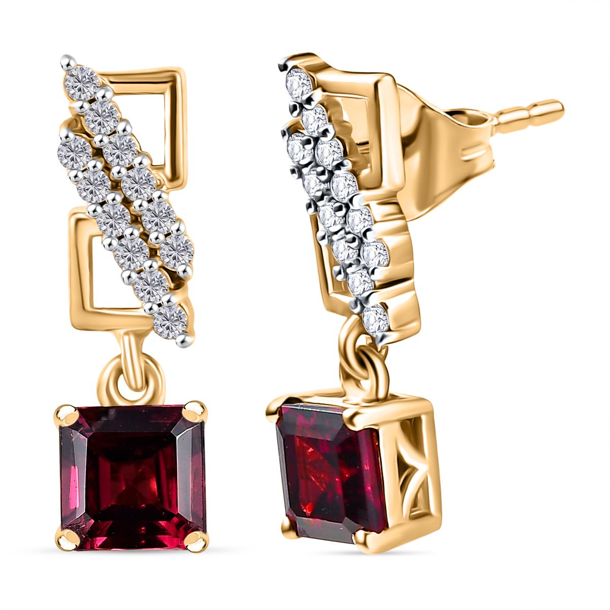 D'Joy AA Natürlicher Rhodolith Granat, Weißer Zirkon Ohrringe 925 Silber 750 Gelb Vergoldet ca. 1.98 ct
