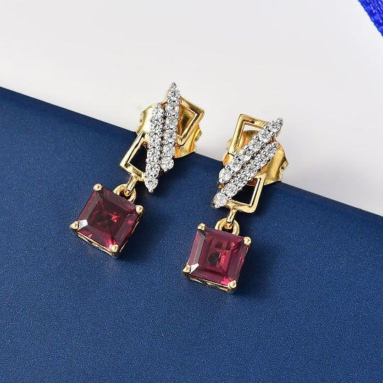 D'Joy AA Natürlicher Rhodolith Granat, Weißer Zirkon Ohrringe 925 Silber 750 Gelb Vergoldet ca. 1.98 ct