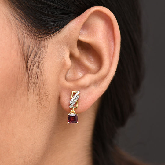 D'Joy AA Natürlicher Rhodolith Granat, Weißer Zirkon Ohrringe 925 Silber 750 Gelb Vergoldet ca. 1.98 ct