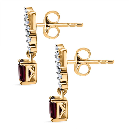 D'Joy AA Natürlicher Rhodolith Granat, Weißer Zirkon Ohrringe 925 Silber 750 Gelb Vergoldet ca. 1.98 ct