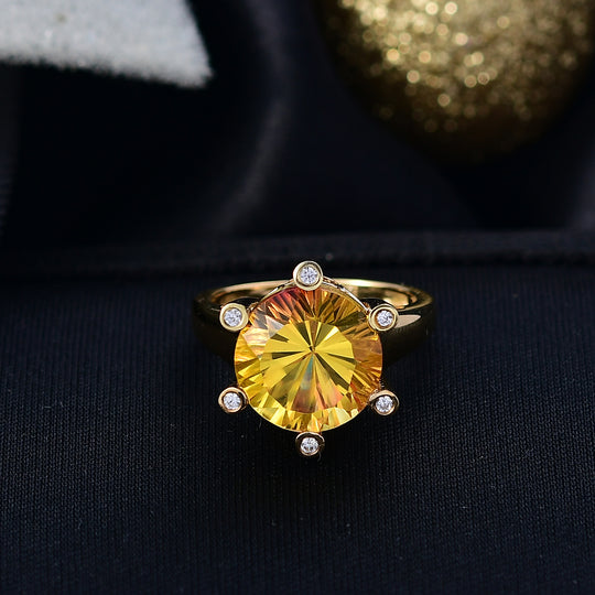 D'Joy - Sonnenfeuer-Design Sphaleros Quarz-Triplette, Weißer Zirkon Ring 925 Silber 750 Gelbgold Vermeil (Größe 20.00) ca. 7.93 ct