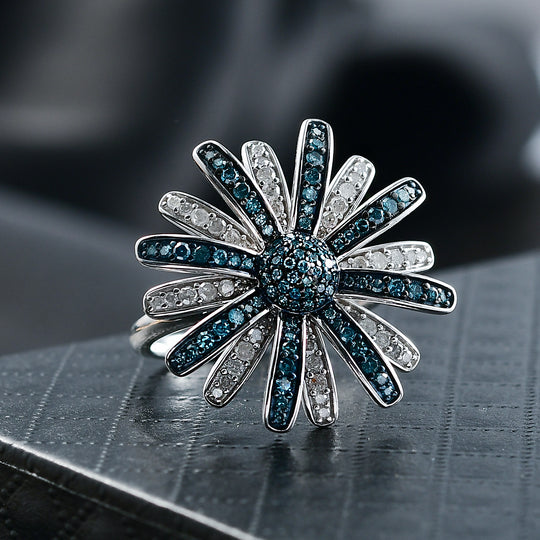 D'Joy Blauer Diamant, Weißer Diamant Ring 925 Silber rhodiniert (Größe 17.00) ca. 1.00 ct