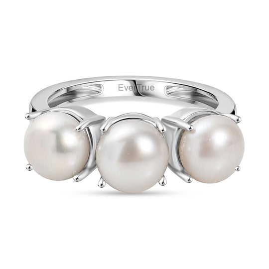 EverTrue weißer Süßwasser Perle (6-6,5mm) Trilogie-Ring, Messing mit Gelbgold E-Beschichtung