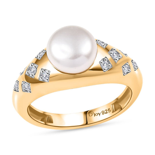 D'Joy Süßwasser Perle (8-8,5mm) und weißer Zirkon Ring, 925 Silber 750 vergoldet