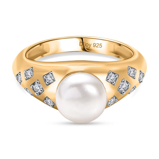 D'Joy Süßwasser Perle (8-8,5mm) und weißer Zirkon Ring, 925 Silber 750 vergoldet