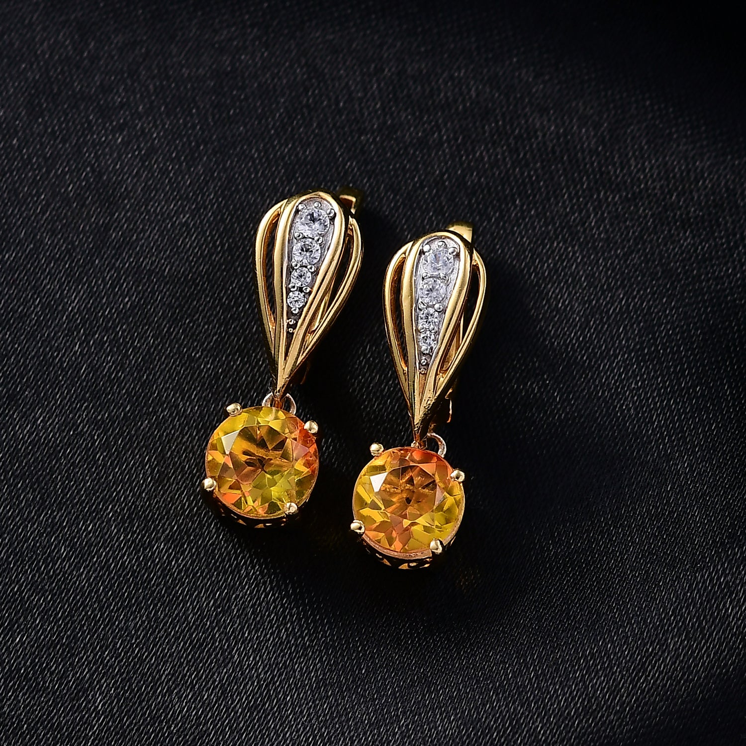 D'Joy Sphaleros Quarz, Weißer Zirkon Ohrringe 925 Silber 750 Gelb Vergoldet ca. 3,24 ct.