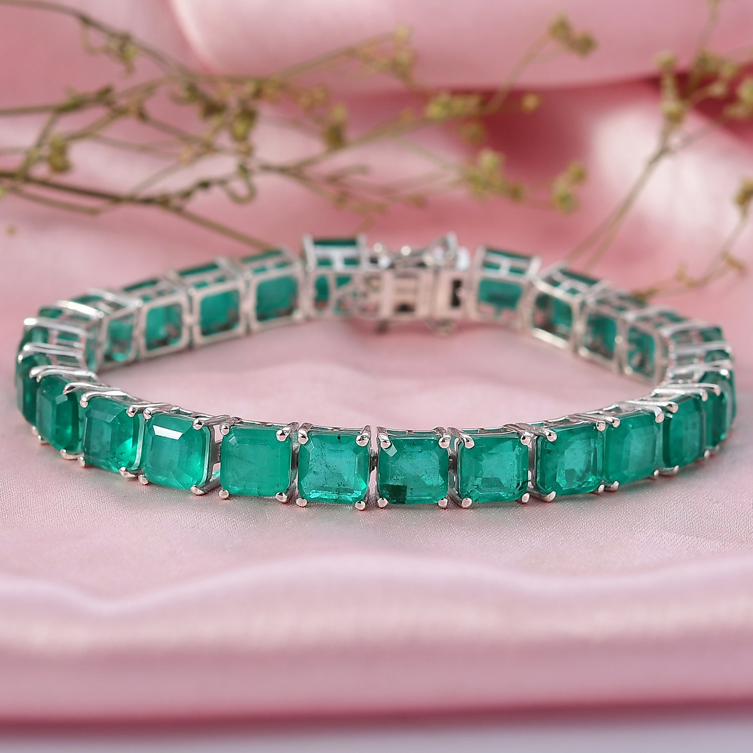 Smaragd-Quarz Triplette Armband ca. 18 cm 925 Silber Rhodiniert ca. 36,41 ct.