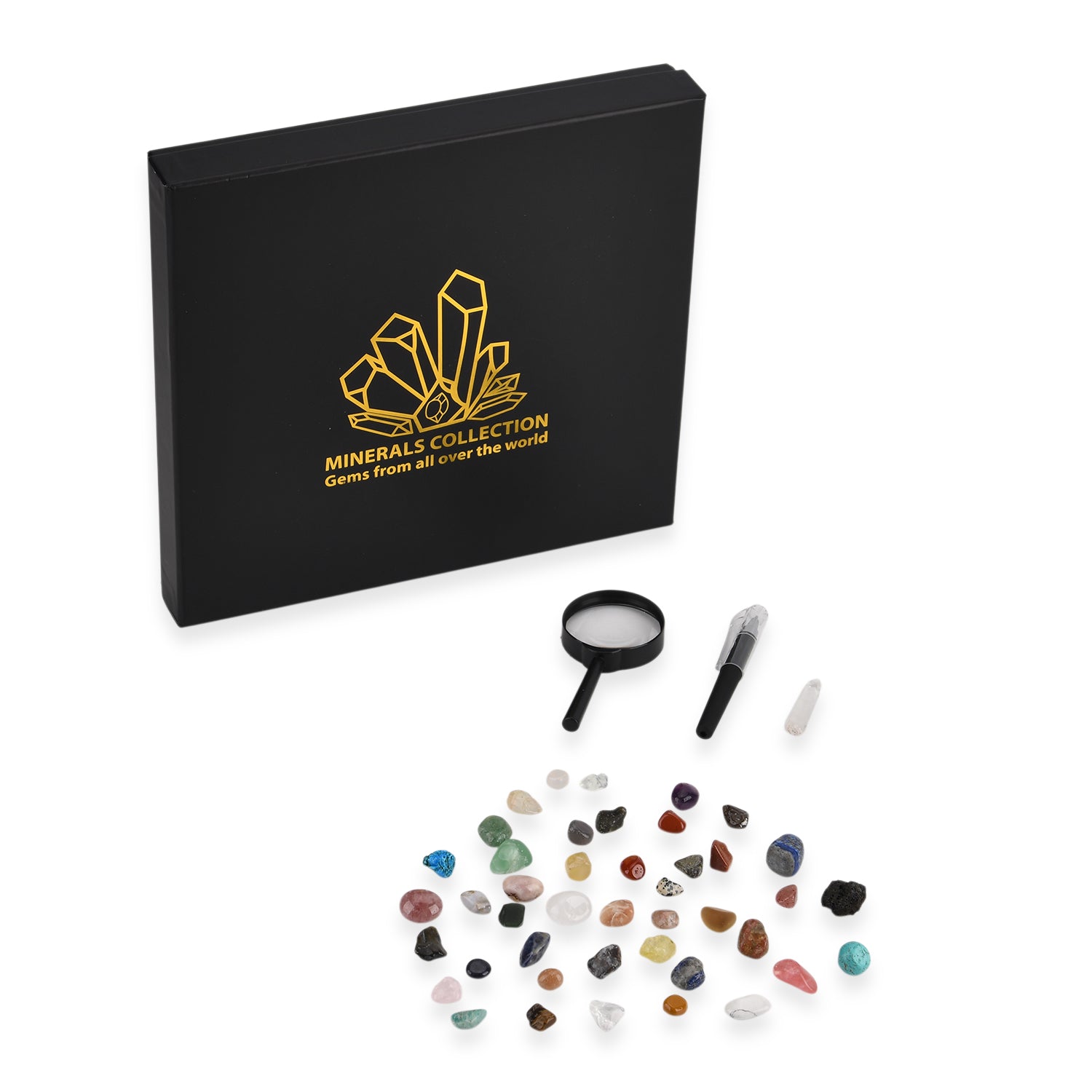 Minerals Collection 45pcs  1pcs Clear Quartz, size about 2-3cm 42pcs different stones, size about 1cm 1pc Black pen(10.5cm L,4.13inch L) 1pc 5X Magnifying glass(10.5x5cm,4.13x1.96inch) 1pc Instruction manual in English version Box size: about 26.5*25.5*3