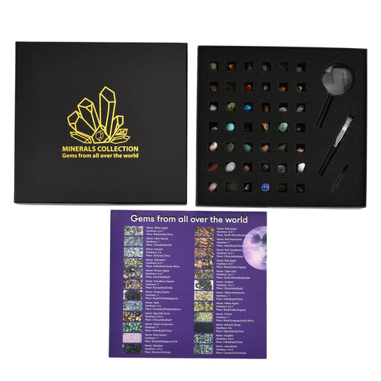 Minerals Collection 45pcs  1pcs Clear Quartz, size about 2-3cm 42pcs different stones, size about 1cm 1pc Black pen(10.5cm L,4.13inch L) 1pc 5X Magnifying glass(10.5x5cm,4.13x1.96inch) 1pc Instruction manual in English version Box size: about 26.5*25.5*3