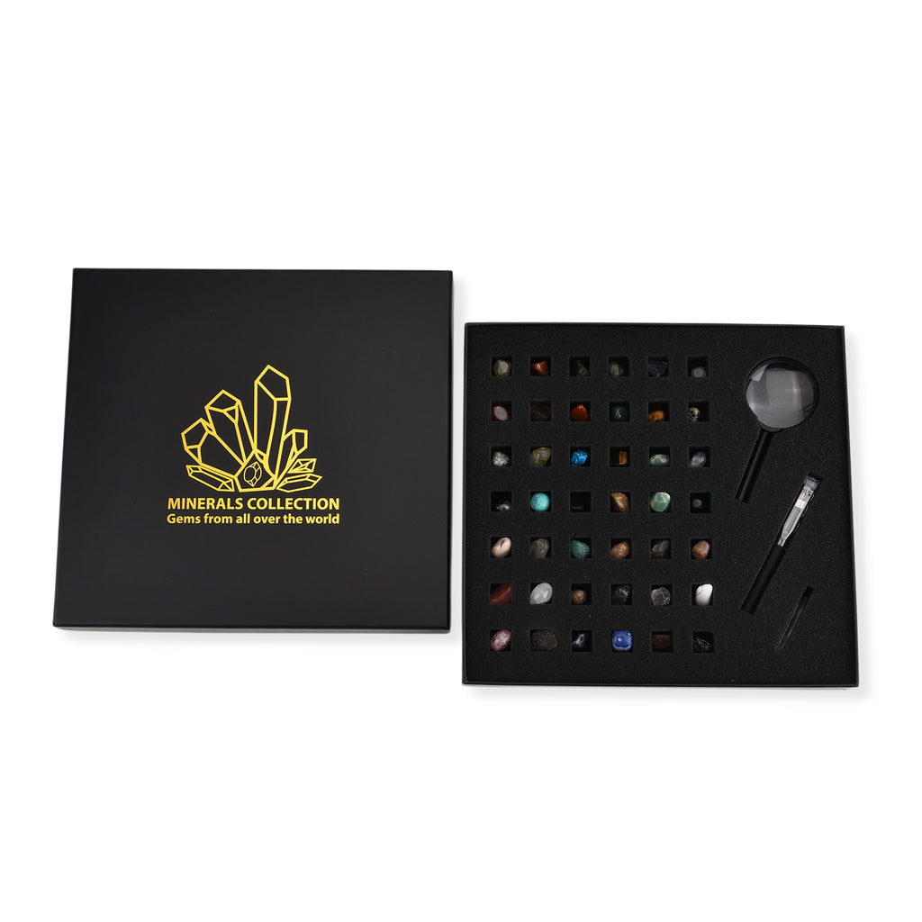 Minerals Collection 45pcs  1pcs Clear Quartz, size about 2-3cm 42pcs different stones, size about 1cm 1pc Black pen(10.5cm L,4.13inch L) 1pc 5X Magnifying glass(10.5x5cm,4.13x1.96inch) 1pc Instruction manual in English version Box size: about 26.5*25.5*3