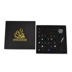 Minerals Collection 45pcs  1pcs Clear Quartz, size about 2-3cm 42pcs different stones, size about 1cm 1pc Black pen(10.5cm L,4.13inch L) 1pc 5X Magnifying glass(10.5x5cm,4.13x1.96inch) 1pc Instruction manual in English version Box size: about 26.5*25.5*3
