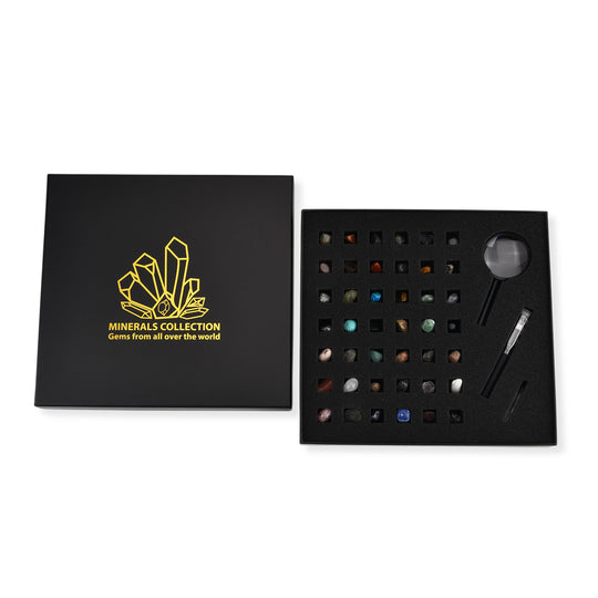 Minerals Collection 45pcs  1pcs Clear Quartz, size about 2-3cm 42pcs different stones, size about 1cm 1pc Black pen(10.5cm L,4.13inch L) 1pc 5X Magnifying glass(10.5x5cm,4.13x1.96inch) 1pc Instruction manual in English version Box size: about 26.5*25.5*3