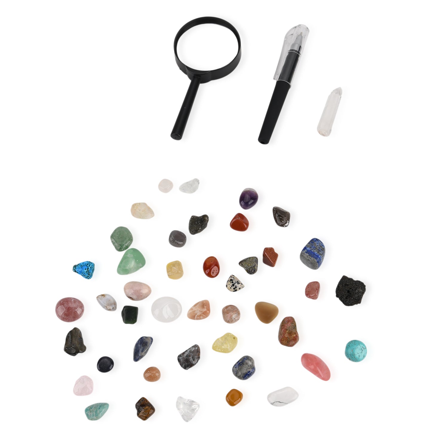 Minerals Collection 45pcs  1pcs Clear Quartz, size about 2-3cm 42pcs different stones, size about 1cm 1pc Black pen(10.5cm L,4.13inch L) 1pc 5X Magnifying glass(10.5x5cm,4.13x1.96inch) 1pc Instruction manual in English version Box size: about 26.5*25.5*3