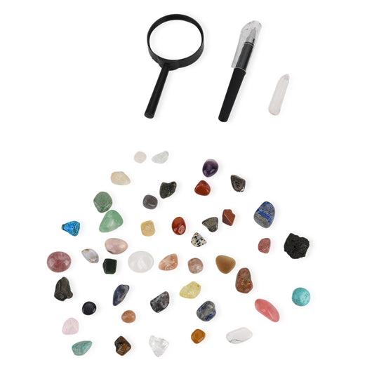 Minerals Collection 45pcs  1pcs Clear Quartz, size about 2-3cm 42pcs different stones, size about 1cm 1pc Black pen(10.5cm L,4.13inch L) 1pc 5X Magnifying glass(10.5x5cm,4.13x1.96inch) 1pc Instruction manual in English version Box size: about 26.5*25.5*3