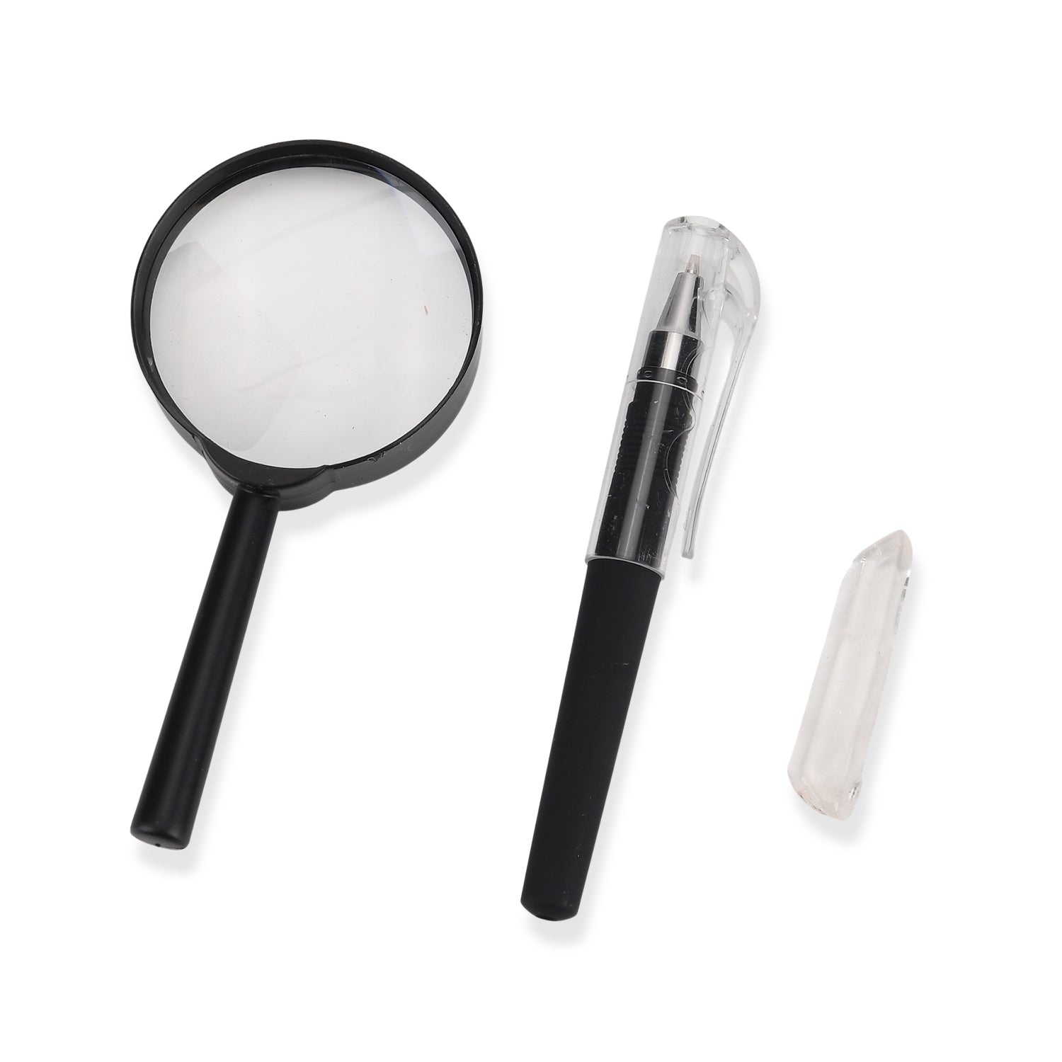 Minerals Collection 45pcs  1pcs Clear Quartz, size about 2-3cm 42pcs different stones, size about 1cm 1pc Black pen(10.5cm L,4.13inch L) 1pc 5X Magnifying glass(10.5x5cm,4.13x1.96inch) 1pc Instruction manual in English version Box size: about 26.5*25.5*3
