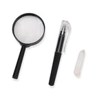 Minerals Collection 45pcs  1pcs Clear Quartz, size about 2-3cm 42pcs different stones, size about 1cm 1pc Black pen(10.5cm L,4.13inch L) 1pc 5X Magnifying glass(10.5x5cm,4.13x1.96inch) 1pc Instruction manual in English version Box size: about 26.5*25.5*3