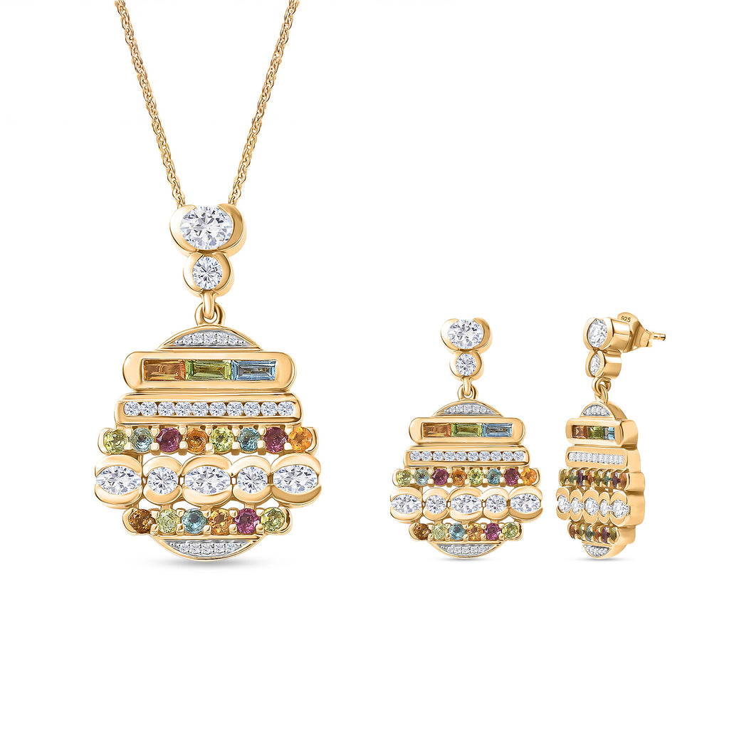GP Art Déco Kollektio- Multi-Edelstein und blauer Saphir Anhänger mit 50cm Kette und Ohrringe