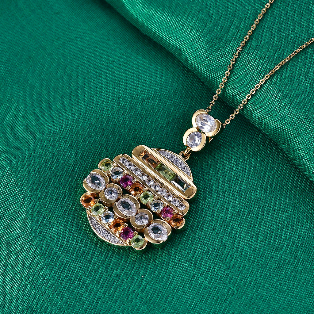 GP Art Déco Kollektio- Multi-Edelstein und blauer Saphir Anhänger mit 50cm Kette und Ohrringe