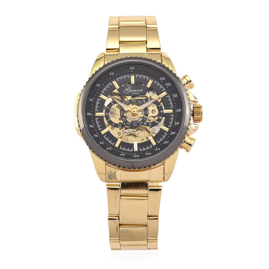 GENOA TIME - Armbanduhr Legierung, Reiner Edelstahl, bicolor, schwarz-goldfarben, Automatik, 3 ATM wasserdicht
