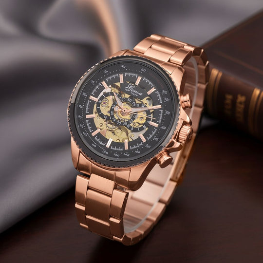GENOA TIME - Armbanduhr Legierung, Reiner Edelstahl, bicolor, schwarz-goldfarben, Automatik, 3 ATM wasserdicht