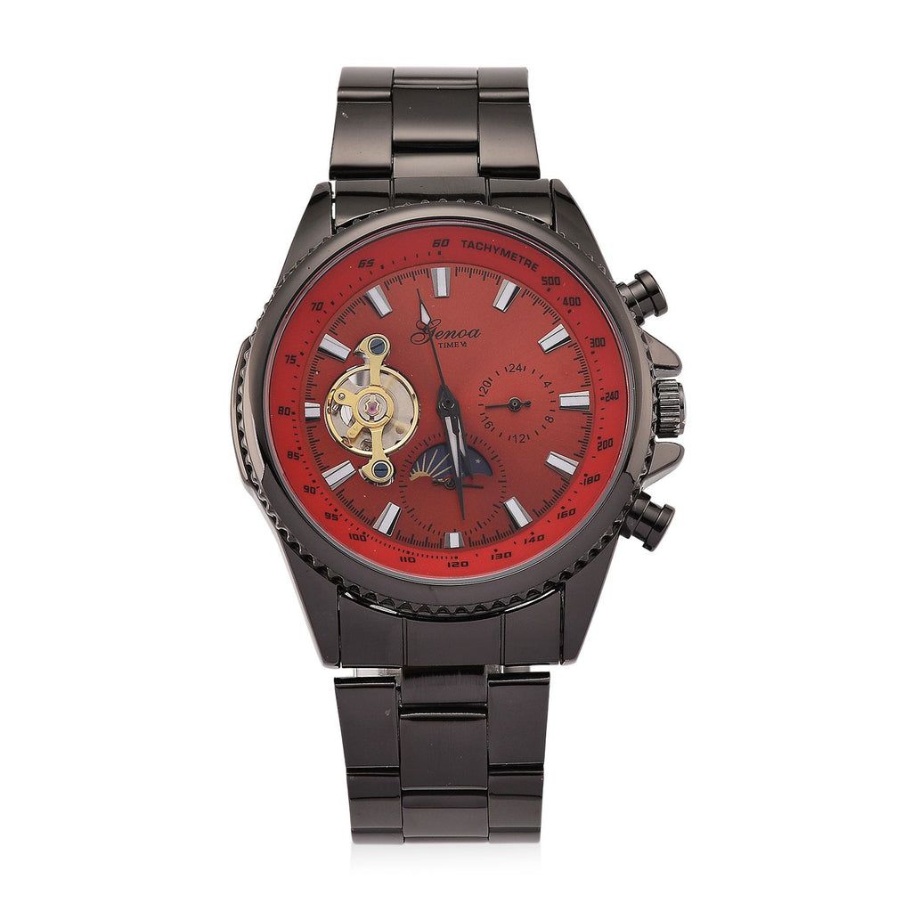 GENOA TIME - Bicolor-Armbanduhr, Reiner Edelstahl, schwarz-rotfarben, Automatik, 3 ATM wasserdicht