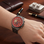 GENOA TIME - Bicolor-Armbanduhr, Reiner Edelstahl, schwarz-rotfarben, Automatik, 3 ATM wasserdicht